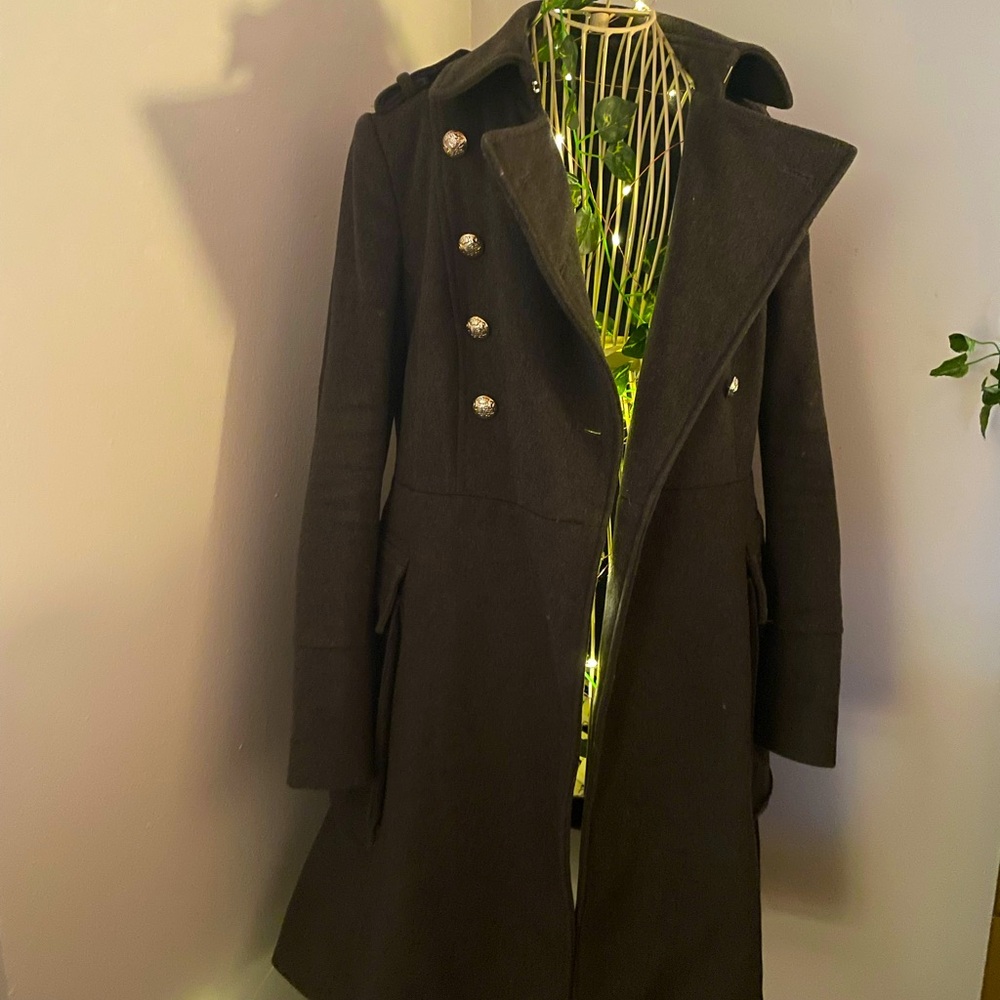 Zara Basic Olive Green Military Overcoat Gold Button Wool Coat Size L Vintage